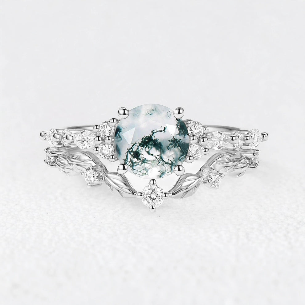 Isadora’s Verdant | Round Moss Agate Vine Engagement Bridal Set 2pcs