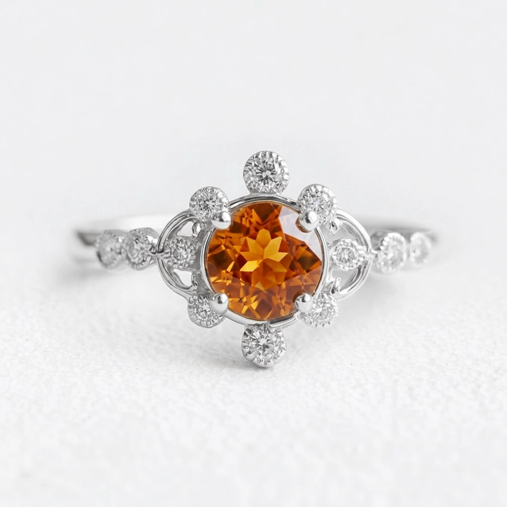 Aurora’s Ember | Round Citrine Vintage Halo Engagement Ring.
