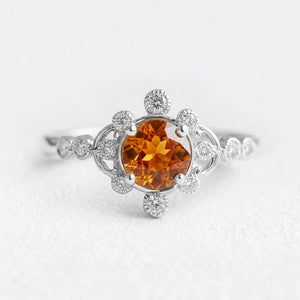 Aurora’s Ember | Round Citrine Vintage Halo Engagement Ring
