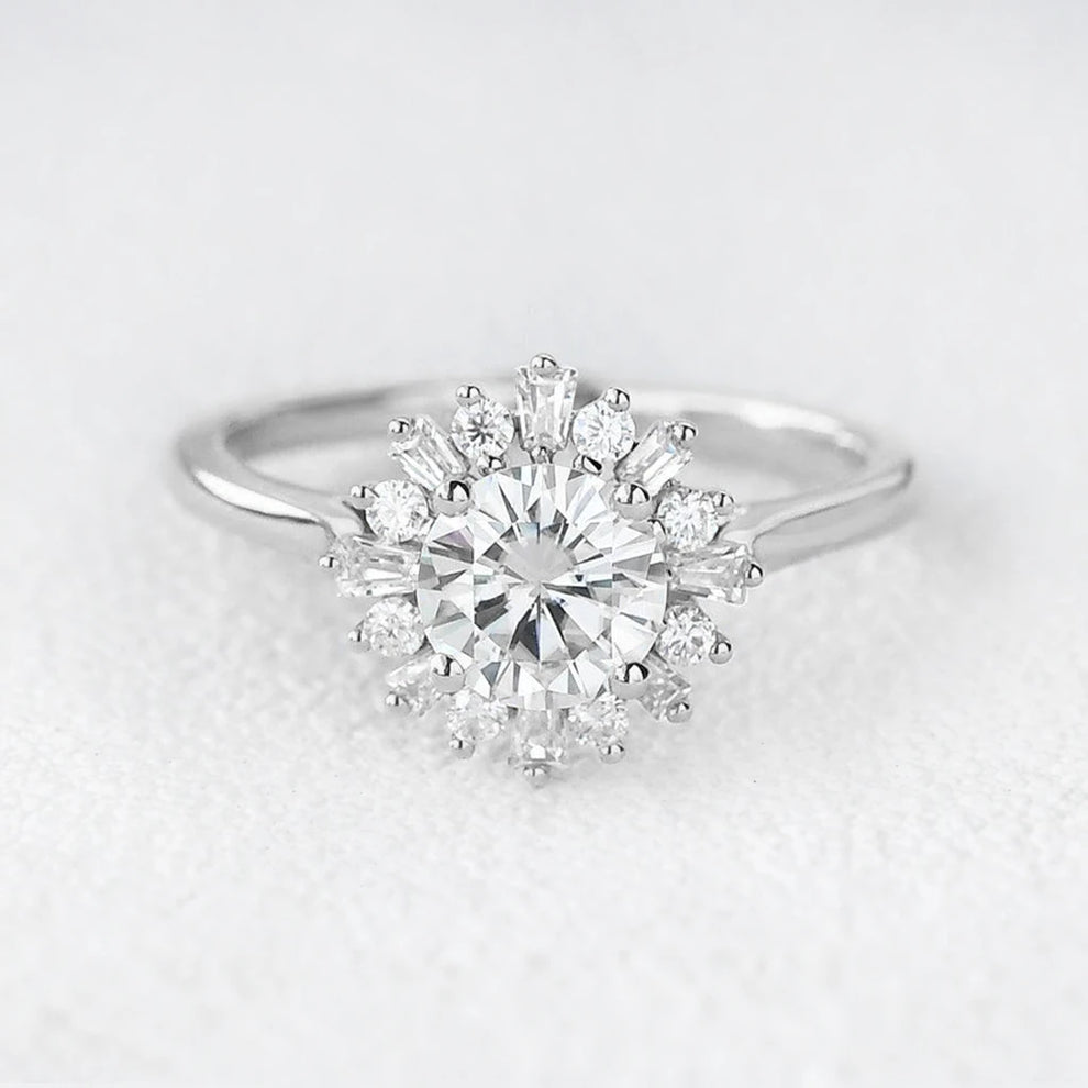 Aurora’s Sunburst | 1CT Round Diamond Halo Engagement Ring