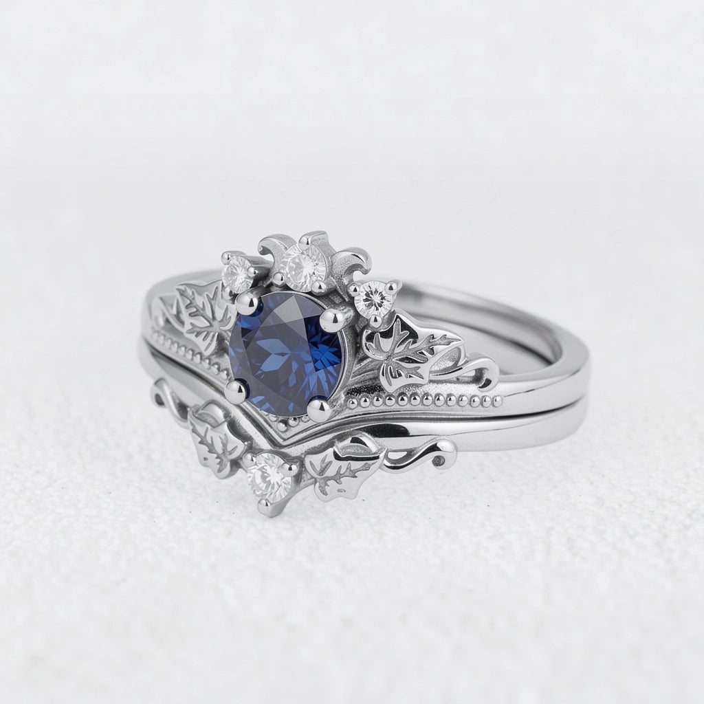 Ivy’s Wreath | Round Blue Sapphire & Diamond Vintage Bridal Set 2pcs.