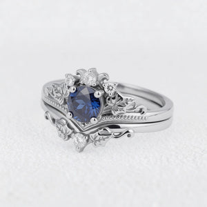 Ivy’s Wreath | Round Blue Sapphire & Diamond Vintage Bridal Set 2pcs.