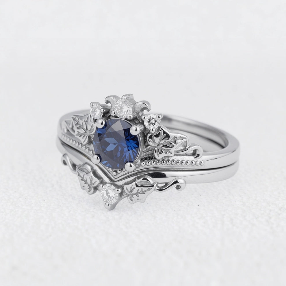 Ivy’s Wreath | Round Blue Sapphire & Diamond Vintage Bridal Set 2pcs.