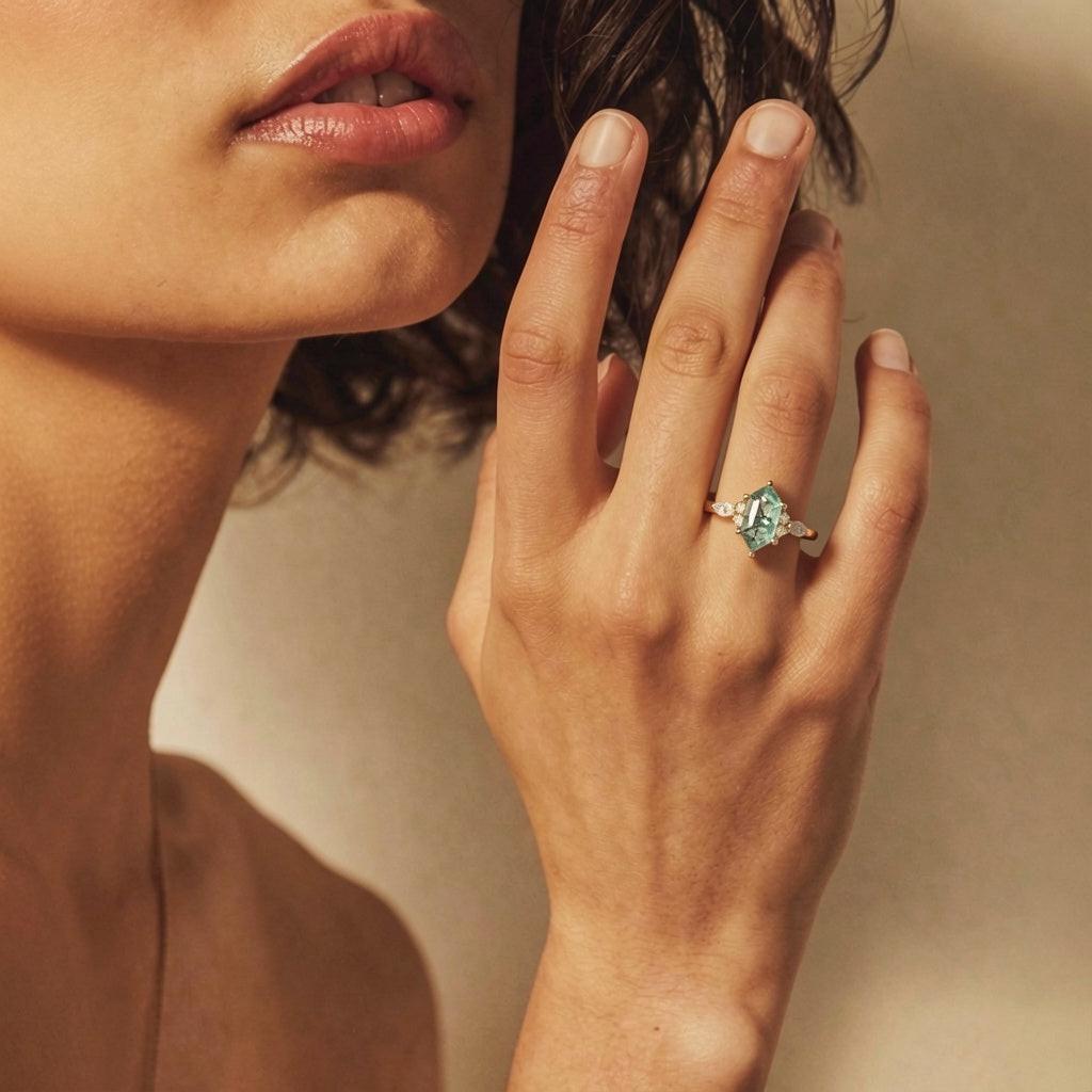 Aria‘s Tessera | Geometric Hexagon Moss Agate Marquise Engagement Ring.