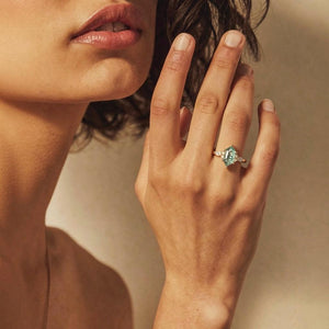 Aria‘s Tessera | Geometric Hexagon Moss Agate Marquise Engagement Ring.