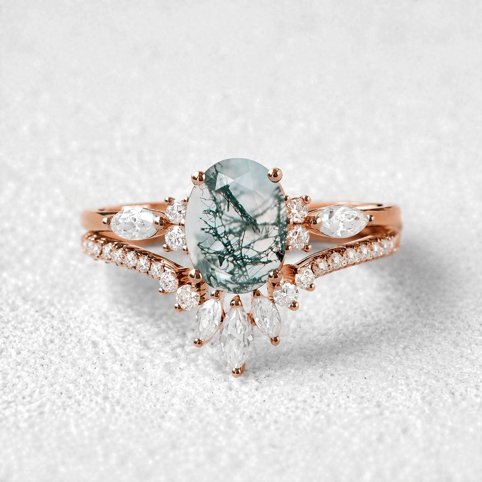 Elara’s Ellipse | Oval Cut Moss Agate Engagement Ring Set 2pcs.