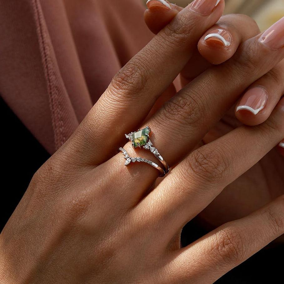 Pear Stack Moss Agate Leaf Engagement Ring Set.