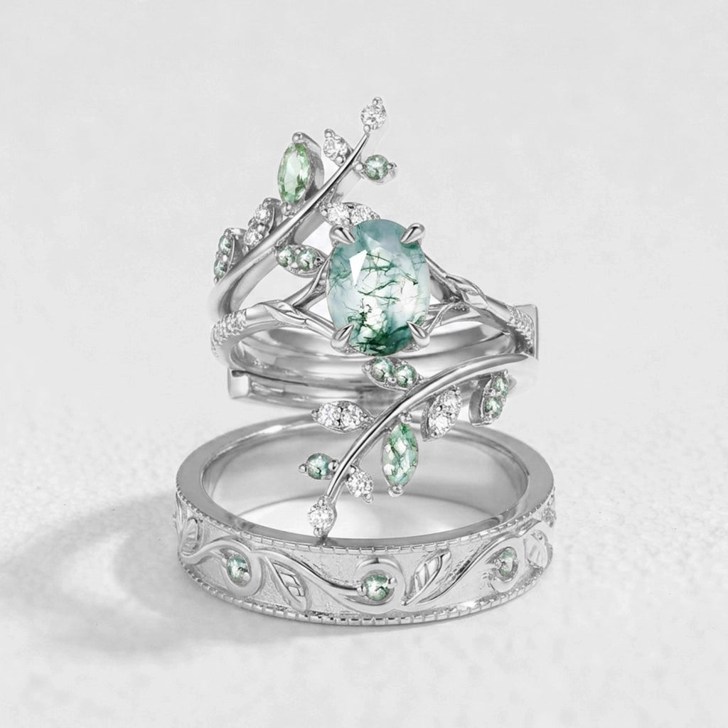 Daphne’s Canopy | Oval Cut Green Moss Agate Cluster Couple Ring Set.