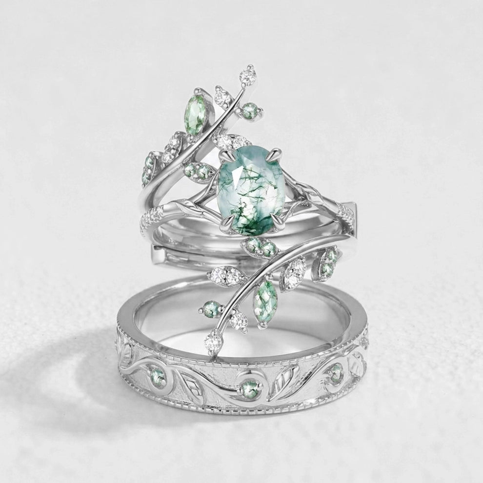 Daphne’s Canopy | Oval Cut Green Moss Agate Cluster Couple Ring Set.