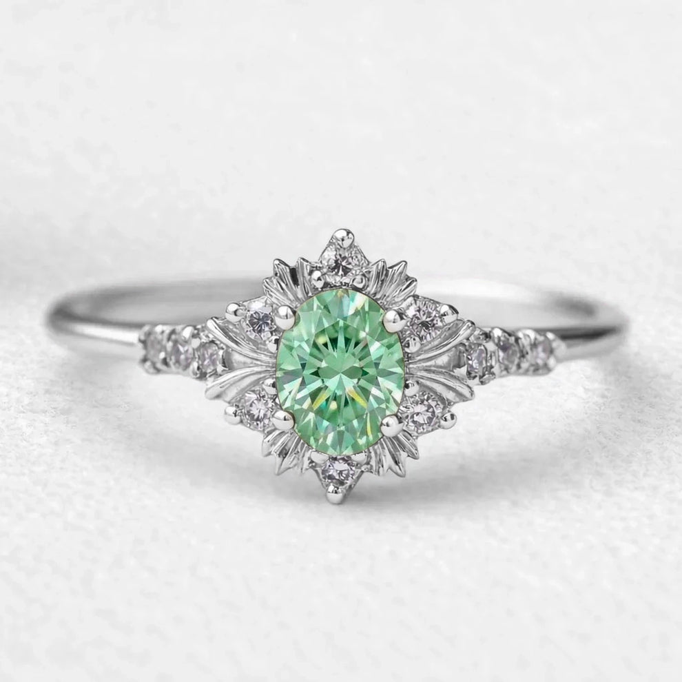 Isolde’s Enchantment | Vintage Oval Green Sapphire Halo Engagement Ring