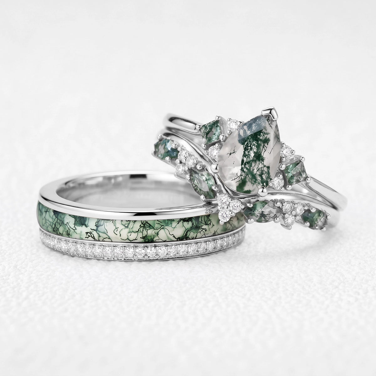Sylvie’s Confluence | Pear Moss Agate Bridal Set & Full-Bezel Moss Agate & Diamond Band Couple Ring Set 3pcs