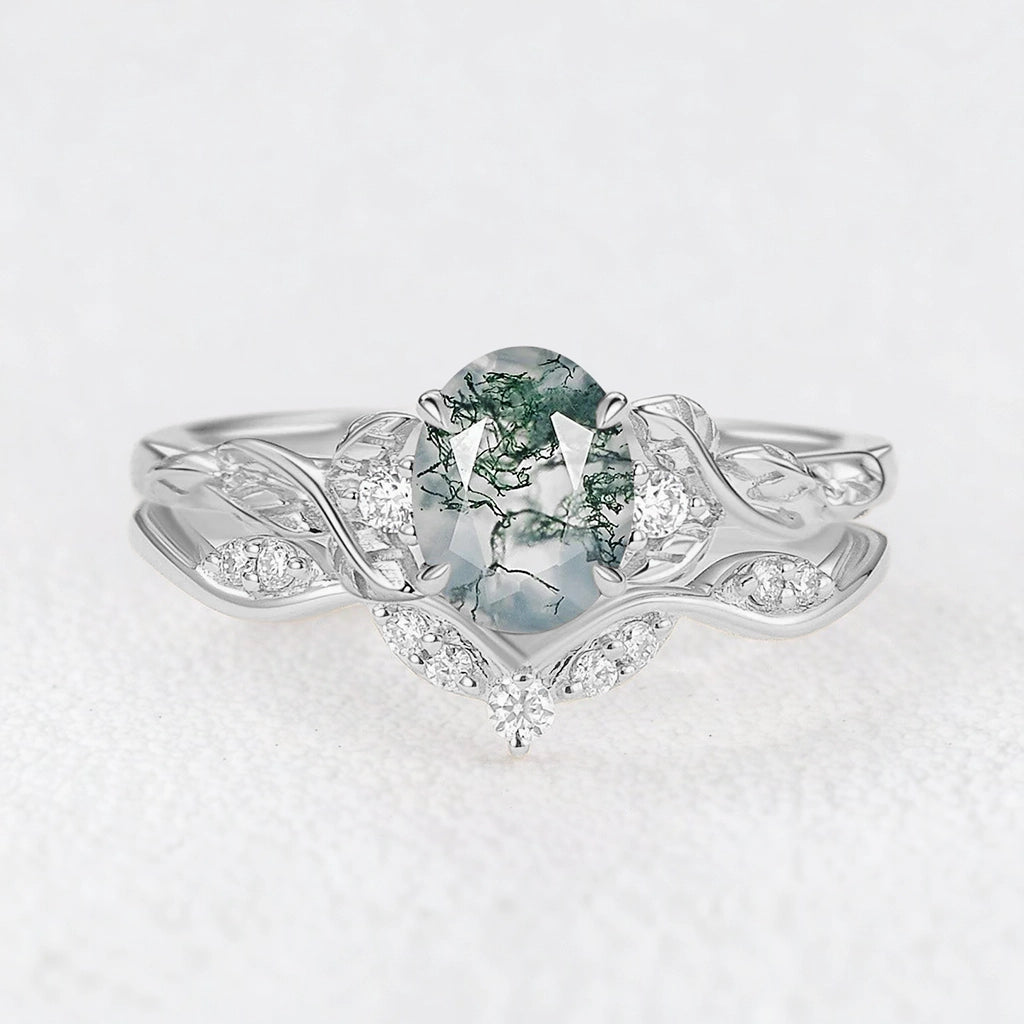 Oval Shaped Moss Agate Leafy Engagement Ring Set 2pcs