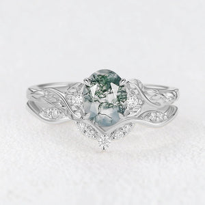 Oval Shaped Moss Agate Leafy Engagement Ring Set 2pcs