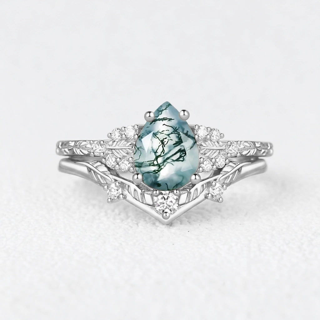 Hortense  Leaf Nature Inspired Pear Cut Moss Agate Engagement Ring Set 2pcs.