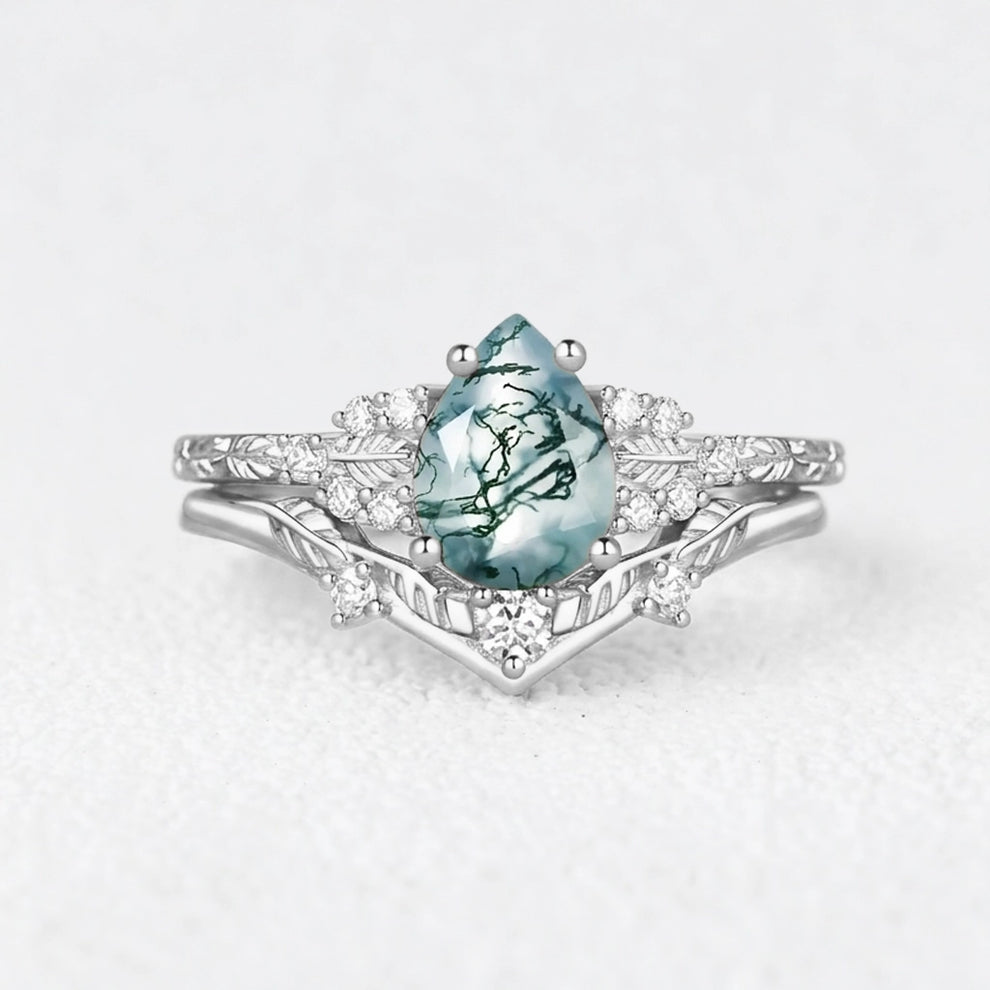 Hortense  Leaf Nature Inspired Pear Cut Moss Agate Engagement Ring Set 2pcs.