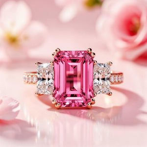 Cleo's Romance | 3CT Pink Baguette Solitaire Statement Ring.
