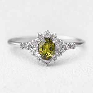 Rosalind’s Amber | 1CT Oval Cut Olive Yellow Sapphire Halo Engagement Ring