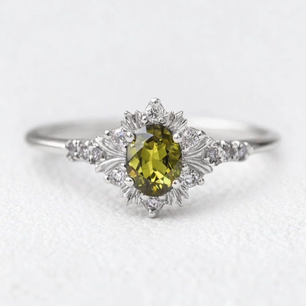 Rosalind’s Amber | 1CT Oval Cut Olive Yellow Sapphire Halo Engagement Ring