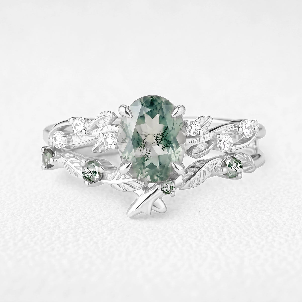 Clarissa’s Frond | Oval Moss Agate Leafy Bridal Set 2pcs