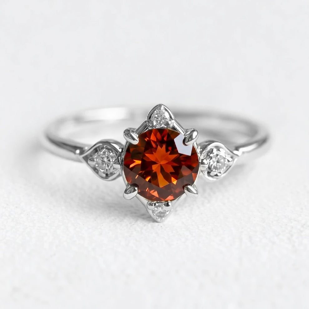 Juliet’s Crimson | Round Cut Garnet Halo Engagement Ring