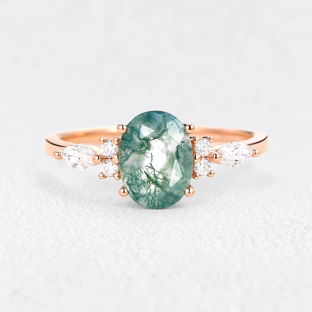 Oval Moss Agate Classic Engagement Ring.