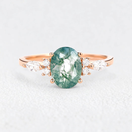 Oval Moss Agate Classic Engagement Ring