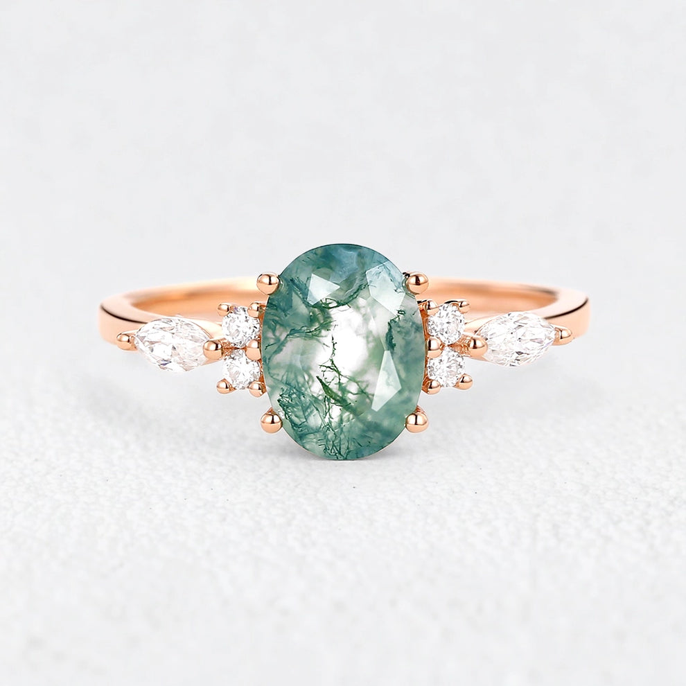 Oval Moss Agate Classic Engagement Ring.