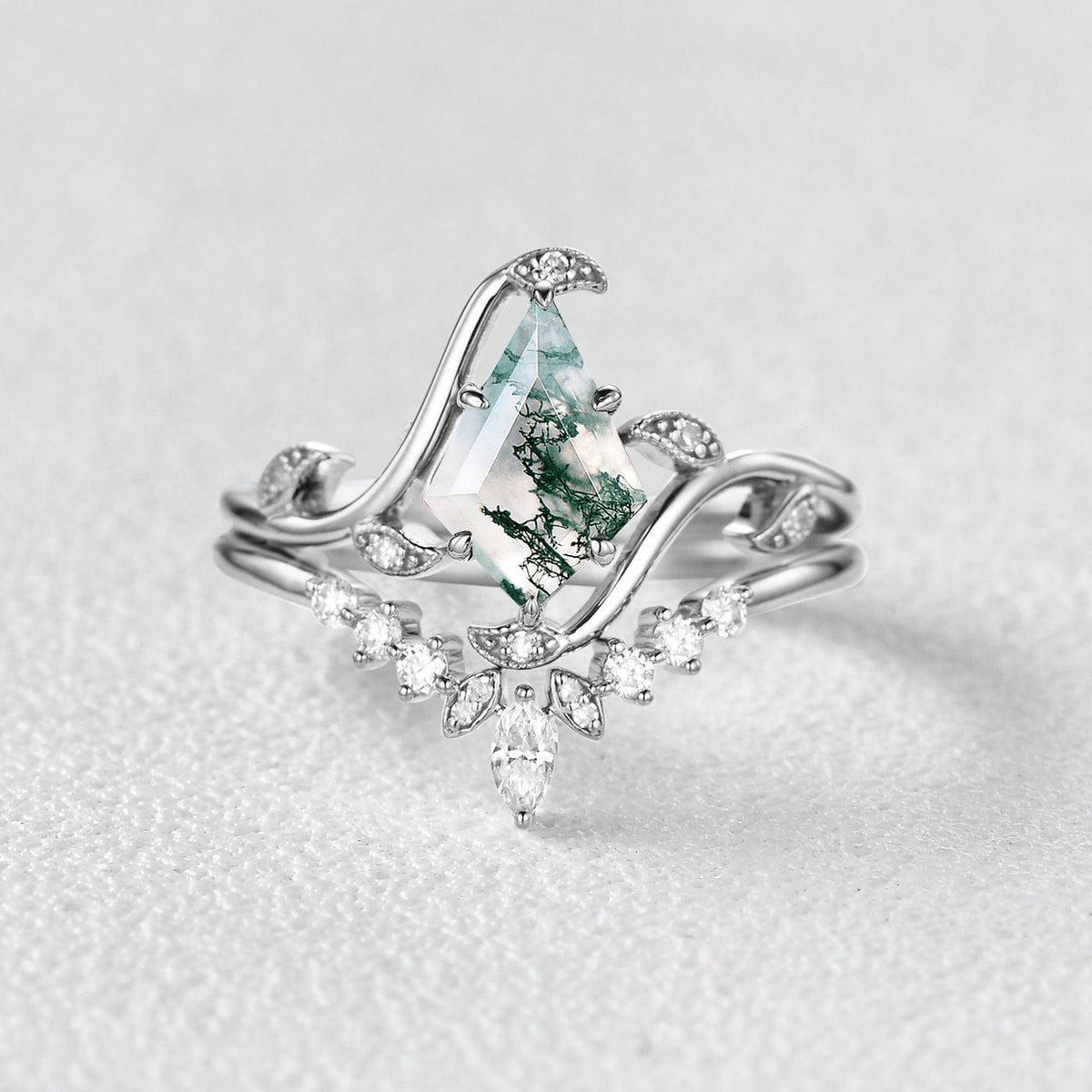 Ivy Unique Kite Cut Moss Agate Leafy Engagement Ring Sets 2pcs.