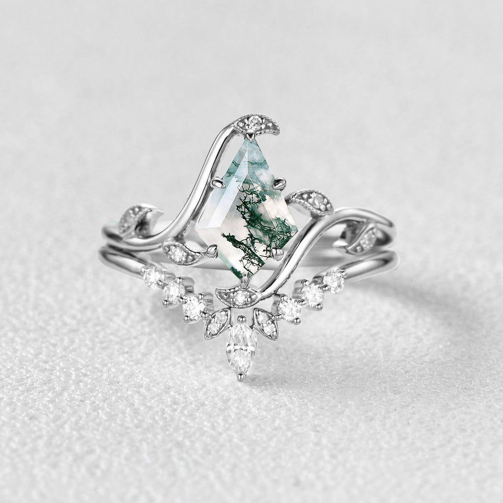 Ivy Unique Kite Cut Moss Agate Leafy Engagement Ring Sets 2pcs.