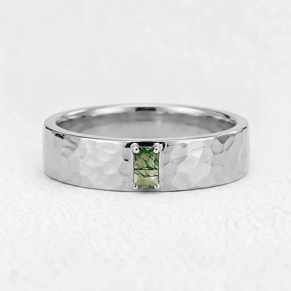 Marcus’s Keystone | Hammered Moss Agate Men’s Wedding Band