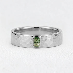 The Retro Keystone | 5MM Hammered Moss Agate Men’s Wedding Band