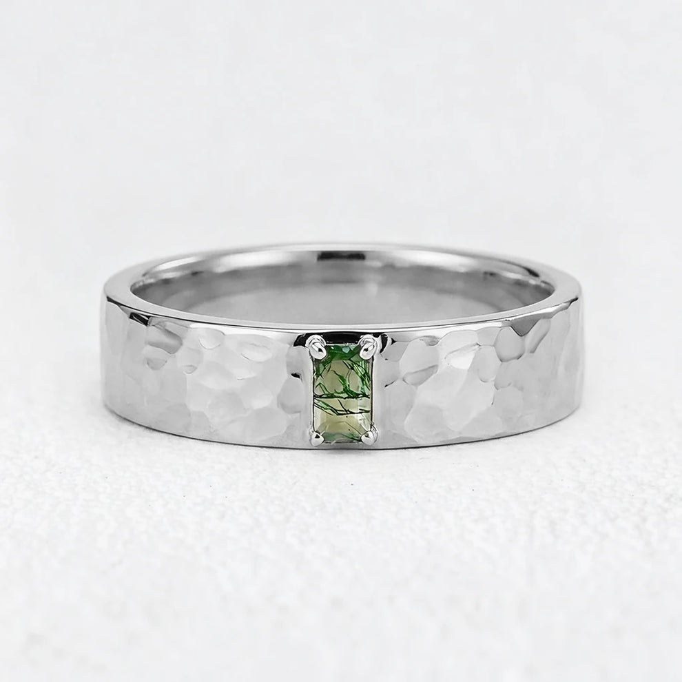 Marcus’s Keystone | Hammered Moss Agate Men’s Wedding Band