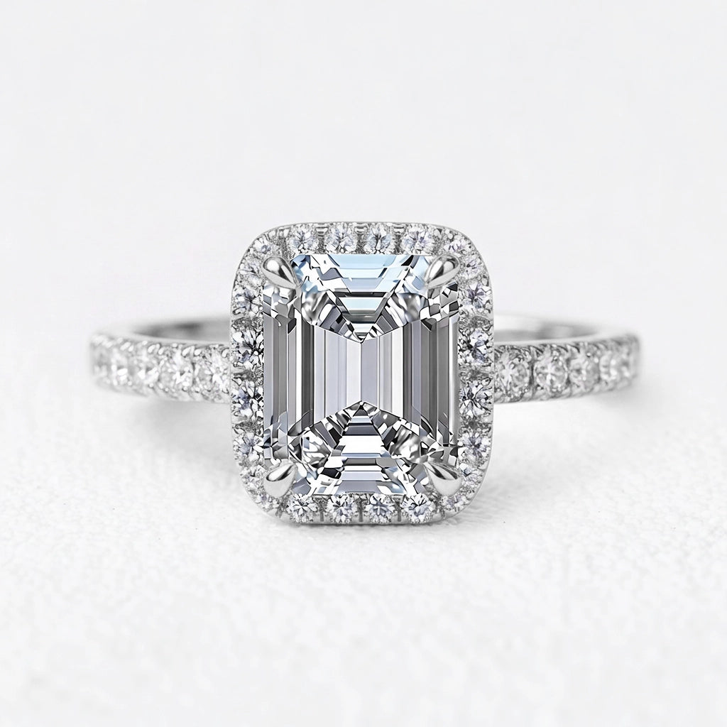 Lyra's Lumen | 2CT Emerald Cut Diamond Halo Engagement Ring