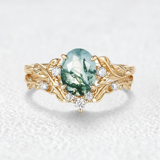 Rosalind’s Arbor | Oval Cut Moss Agate Leaf Branch Bridal Set 2pcs.