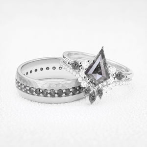 Astra‘s Orbit | 1.5CT Kite Salt & Pepper Diamond Chevron & Circle-set Band Couple Set 3pcs