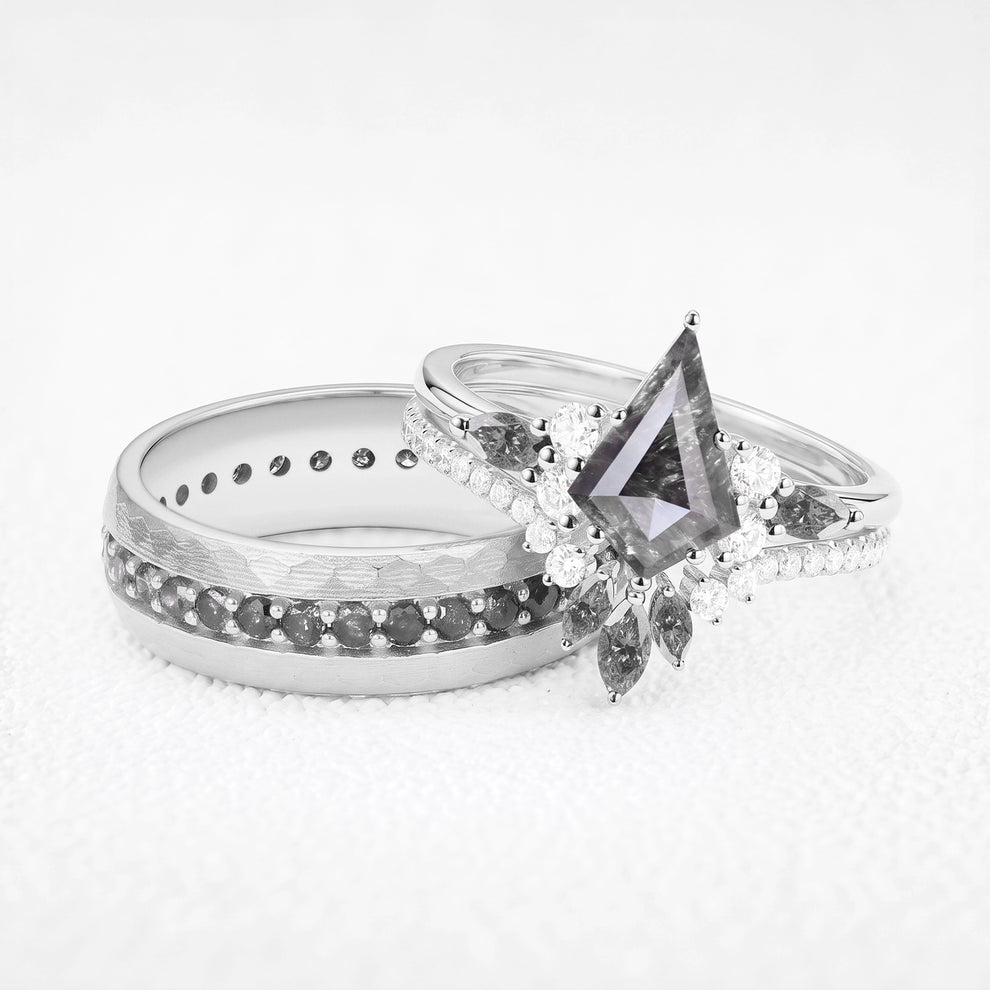 Astra‘s Orbit | 1.5CT Kite Salt & Pepper Diamond Chevron & Circle-set Band Couple Set 3pcs