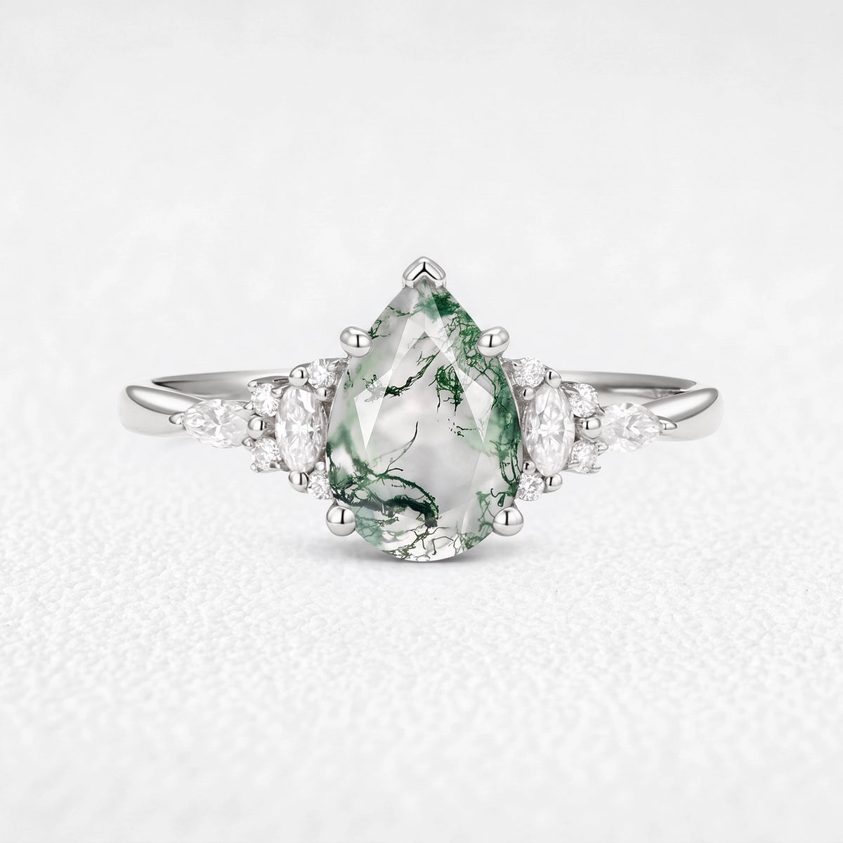 Sylvie’s Dew | Vintage Pear Moss Agate Cluster Engagement Ring