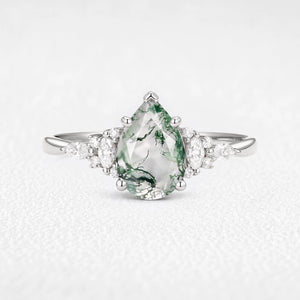 Sylvie’s Dew | Vintage Pear Moss Agate Cluster Engagement Ring
