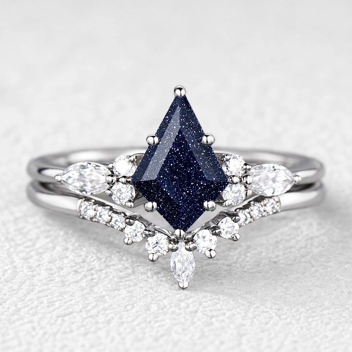 Stella’s Spark | Kite Cut Blue Sandstone & Marquise Moissanite Bridal Set 2pcs.