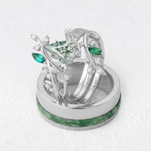 Sylvie’s Bower | Kite Cut Moss Agate Cage Leafy Couple Ring Set 3pcs.