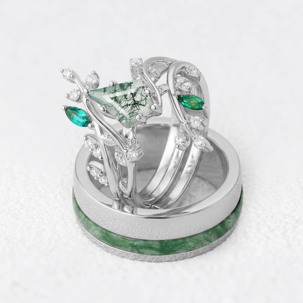 Sylvie’s Bower | Kite Cut Moss Agate Cage Leafy Couple Ring Set 3pcs.