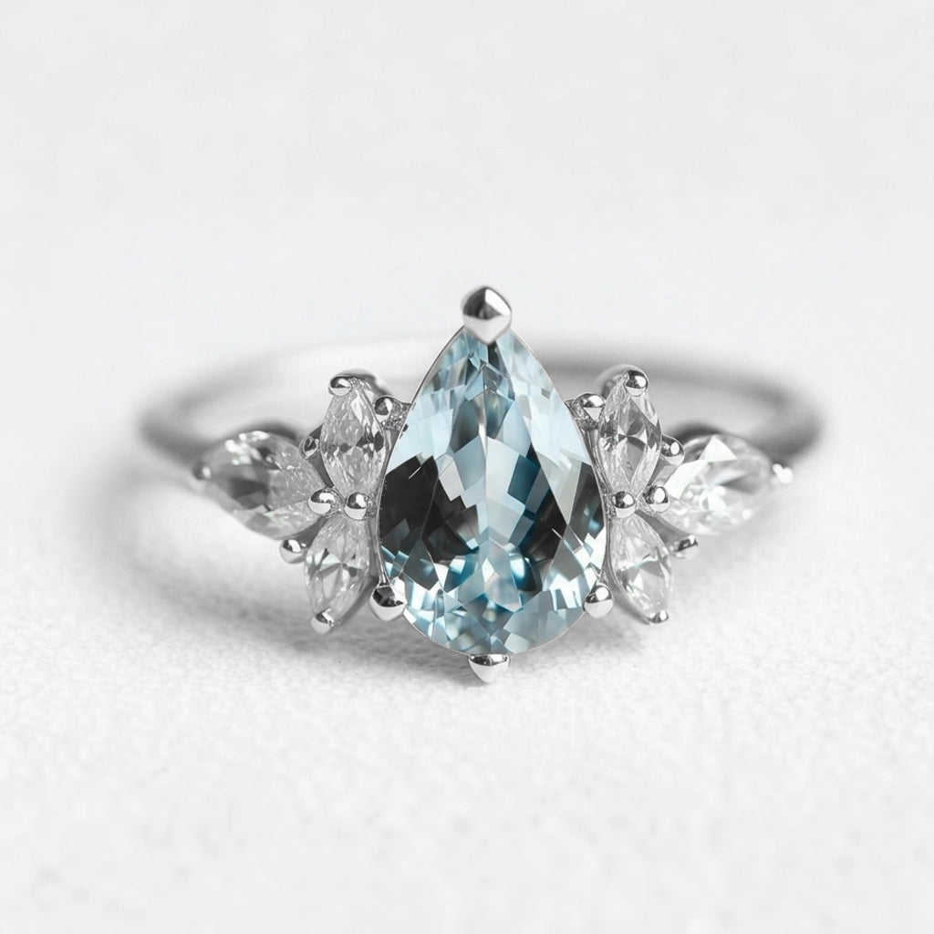 Nerida’s Tear | Pear Cut Aquamarine Classic Engagement Ring.