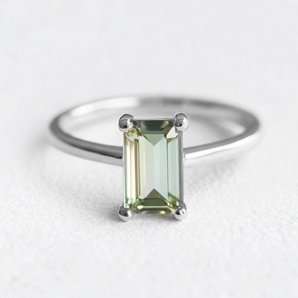 Demeter’s Solace | Emerald Cut Green Tourmaline Solitaire Engagement Ring.