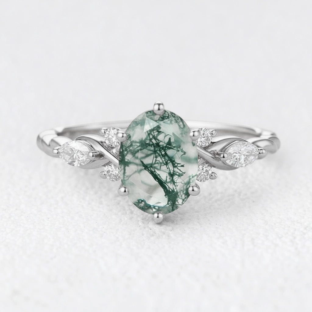 Flora’s Eternal | Oval Moss Agate Infinity Engagement Ring