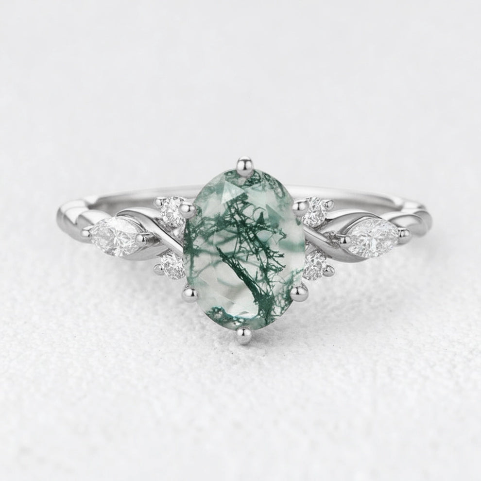 Flora’s Eternal | Oval Moss Agate Infinity Engagement Ring
