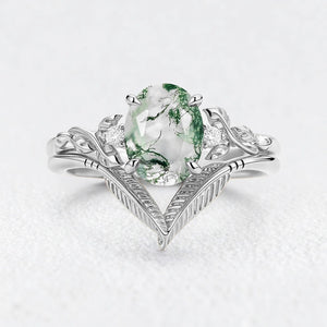 Isadora’s Gilded | Oval Moss Agate Leafy Gold Bridal Duo