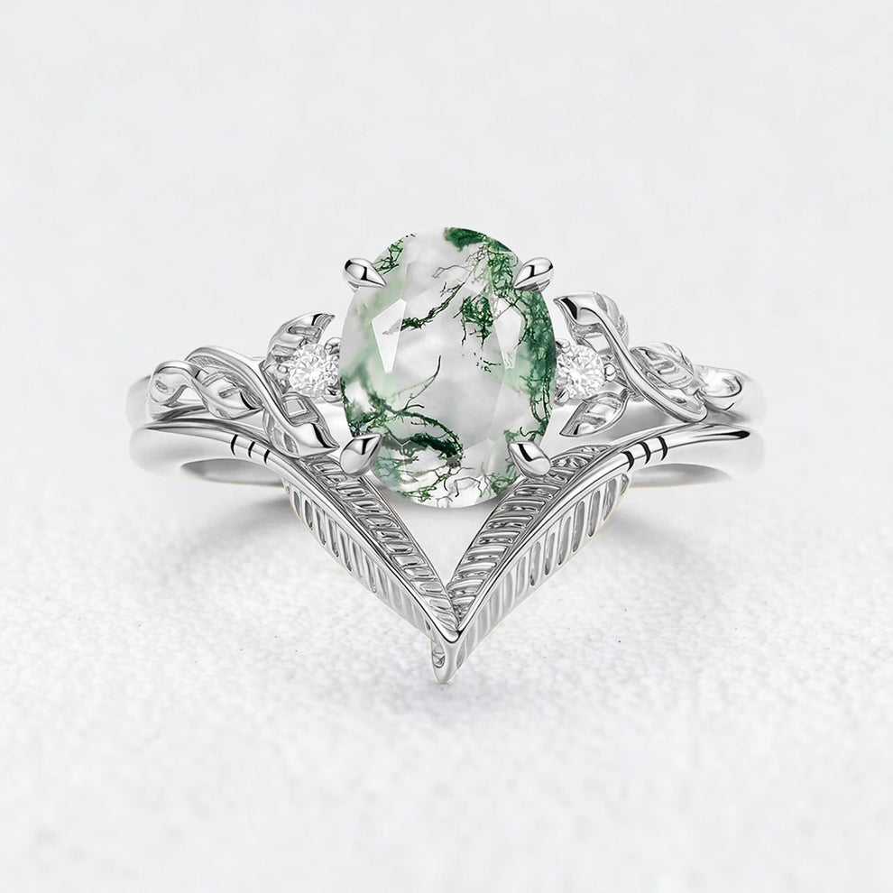Isadora’s Gilded | Oval Moss Agate Leafy Gold Bridal Duo