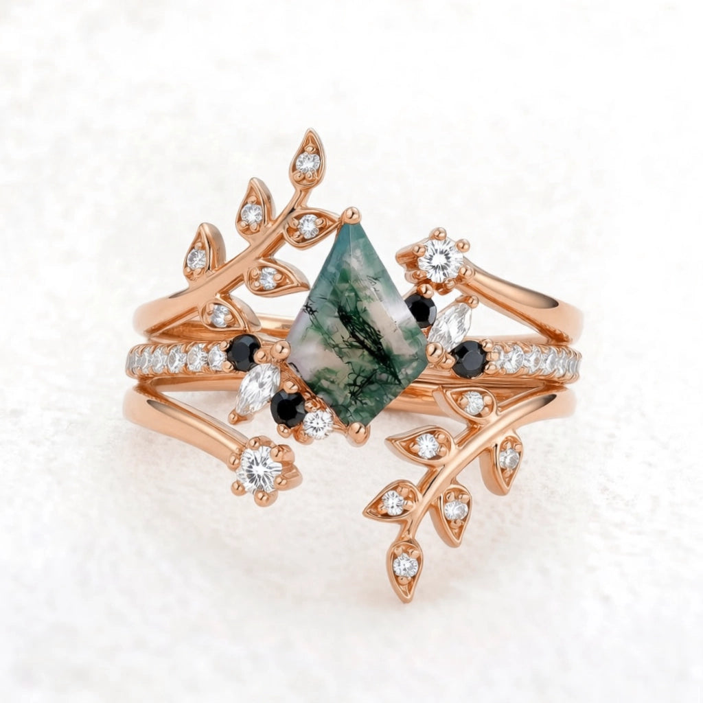 Fourfold Bond | Kite Cut Moss Agate & Black Moissanite Couple Ring Set 4pcs.