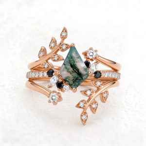 Fourfold Bond | Kite Cut Moss Agate & Black Moissanite Couple Ring Set 4pcs.