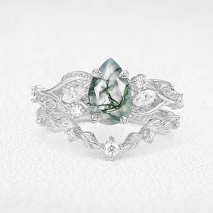 Rosalind’s Heirloom | Pear Cut Moss Agate Leafy Vintage Bridal Set 2pcs